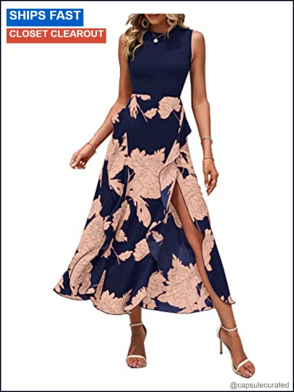 BTFBM Sleeveless Midi Dress A-Line Ruffle Floral Patchwork Casual